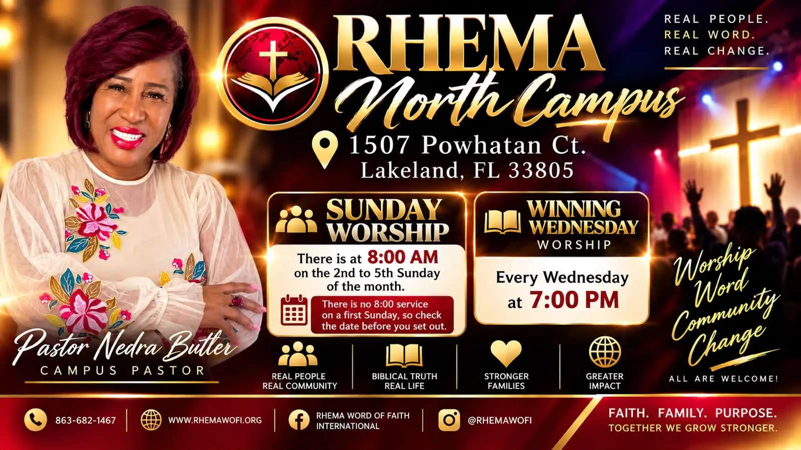 The Rhema Nation North Campus flyer: Pastor Nedra Butler, campus pastor, beside the address 1507 Powhatan Ct., Lakeland, FL 33805, with panels for Sunday worship at 8:00 AM on the 2nd to 5th Sunday and Winning Wednesday worship every Wednesday at 7:00 PM.