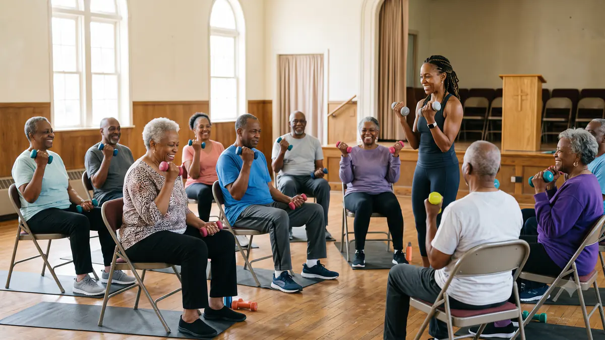 Older adults in a seated fitness class in Fellowship Hall, using light hand weights while an instructor demonstrates at the front.